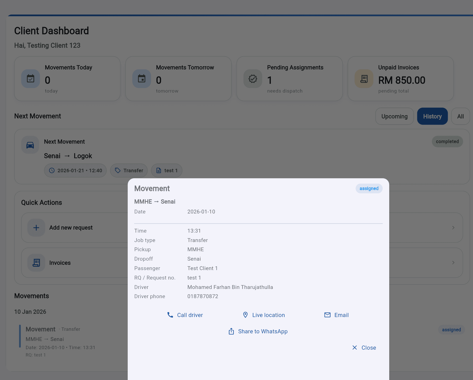 Live movement tracking and job card details for corporate transport