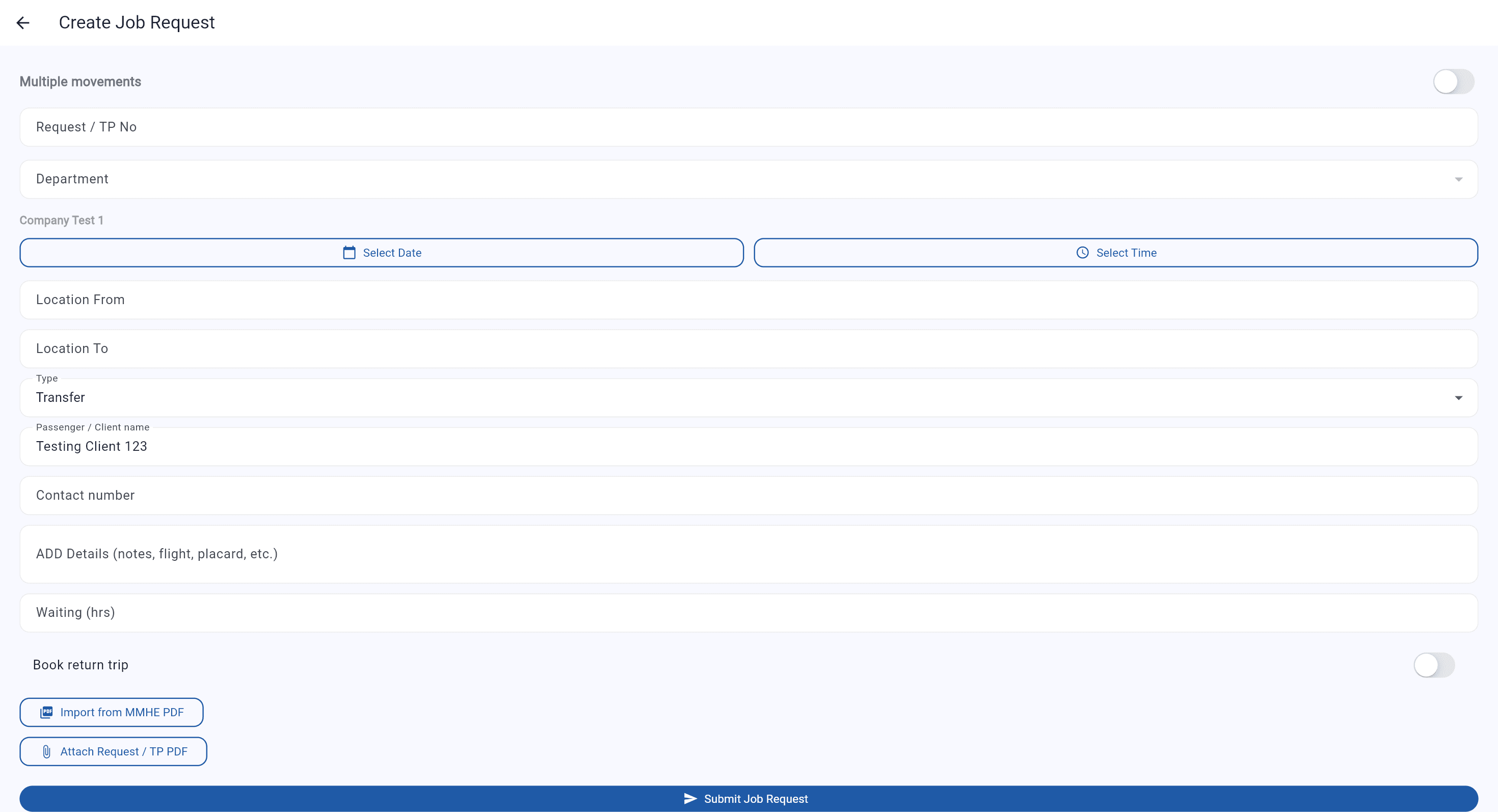 Streamlined corporate job booking and transport request form